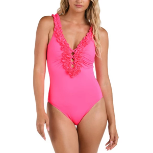 Women's La Blanca Ruffled V-Plunge One Piece Swimsuit Contemporary 12 Bright Pink