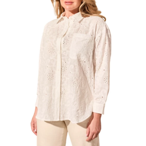 Women's Tribal Eyelet Embroidered Long Sleeve Button Up Shirt XLarge White