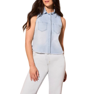 Women's Tribal Denim Frayed Hem Sleeveless Shirt Medium Blue