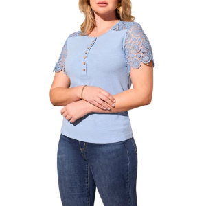 Women's Tribal Lace Accent Henley XLarge Scuba Blue