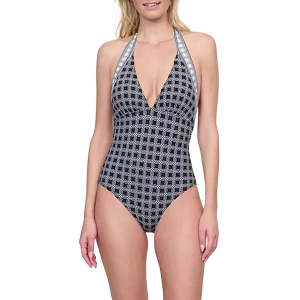 Women's Gottex Golden Chic V Neck Halter One Piece Swimsuit Misses 6 Black