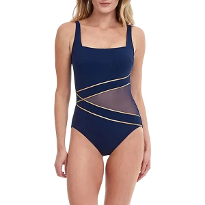 Women's Gottex Onyx Full Coverage Square Neck One Piece Swimsuit Misses 16 Onyx Navy And Gold