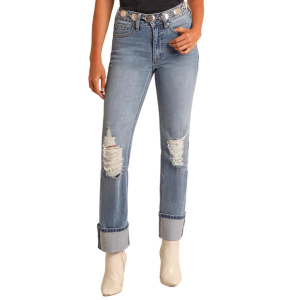 Women's Rock & Roll Denim Distressed Modest Bootcut Jeans Midnight Wash 32 30