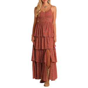 Women's Rock & Roll Denim Tiered Maxi Dress XLarge Burnt Orange