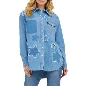 Women's Wrangler Lainey Wilson Starry Western Snap Long Sleeve Button Up Shirt Medium True Blue Wash