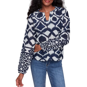 Women's Charlie B Printed Cotton Popover Long Sleeve Blouse Medium Navy