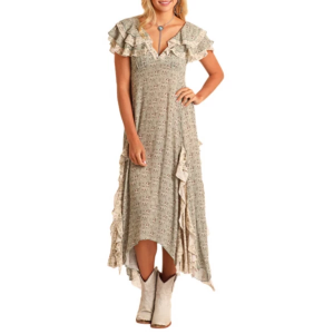 Women's Rock & Roll Denim Floral Ruffle Midi Dress Large Jade