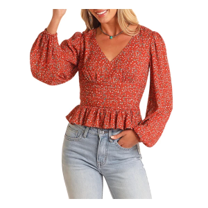Women's Rock & Roll Denim Wrap Long Sleeve Blouse XSmall Burnt Orange