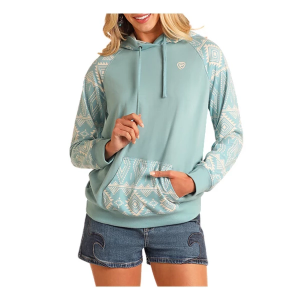 Women's Rock & Roll Denim Contrast Sleeve Hoodie XLarge Aqua