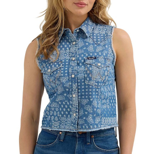 Women's Wrangler Print Denim Western Snap Collared Tank Top Medium Banadana Blue