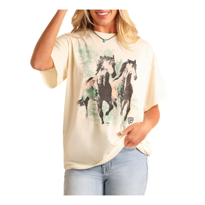 Women's Rock & Roll Denim Horse Graphic T-Shirt XSmall Natural