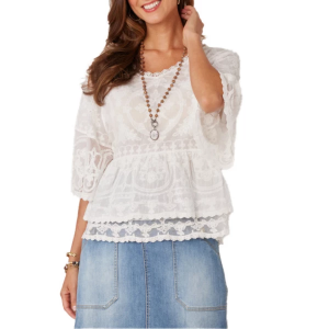 Women's Democracy Double Flounce Hem 3/4 Sleeve Blouse Large White
