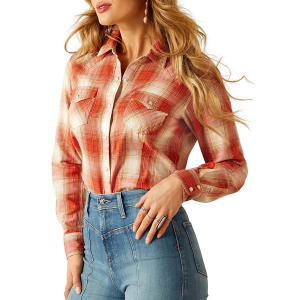 Women's Ariat Amara Snap Long Sleeve Button Up Shirt XLarge Peach Plaid