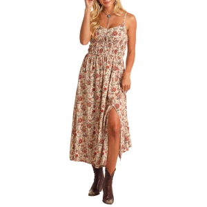 Women's Rock & Roll Denim Cream Floral Print Midi Dress Medium Natural