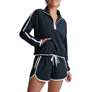 Women's Beyond Yoga Stretch Woven Course Contrast Long Sleeve 1/4 Zip XLarge Navy White
