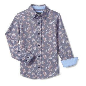 Boys' Johnston & Murphy Xcflex Birdseye Floral Print Long Sleeve Button Up Shirt Large Navy