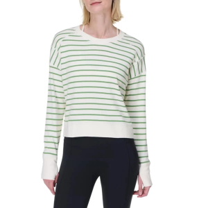 Women's Sweaty Betty After Class Crewneck Sweatshirt Large Lily White Green Stripe