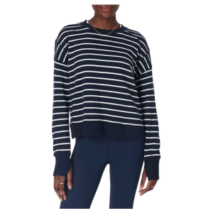 Women's Sweaty Betty After Class Crewneck Sweatshirt Medium Navy White Stripe