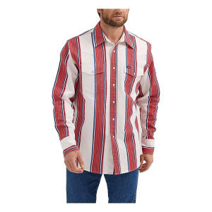 Men's Wrangler Vintage-Inspired Brushpopper Western Snap Long Sleeve Button Up Shirt Medium Cherry Stripe