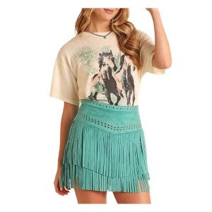 Women's Rock & Roll Denim Microsuede Fringe Skirt Large Teal
