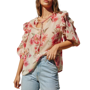 Women's DRESS FORUM Dream Girl Ruffled Blouse Large Mellow Floral