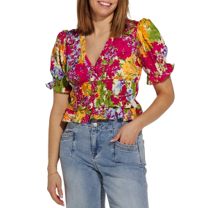 Women's DRESS FORUM Puff Sleeve Shirt Large Daffodil Garden