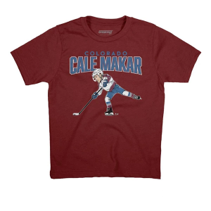 Colorado Avalanche BreakingT #8 Kids' Cale Makar Caricature Kids' T-Shirt Large Maroon