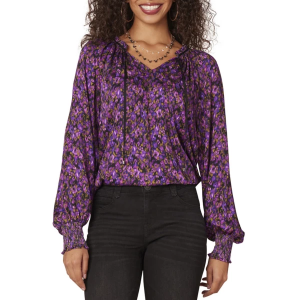 Women's Democracy Smocked Cuff Band Ruffle Edge Long Sleeve Blouse Large Passion Fruit Multi