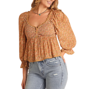 Women's Rock & Roll Denim Ditsy Floral Long Sleeve Blouse XLarge Mustard