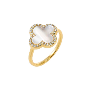 Adina Eden CZ Pave Outlined Four Leaf Clover Stone Ring 7 Gold/Silver