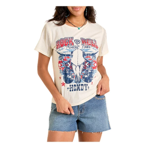 Women's Rock & Roll Denim Chain Fringe T-Shirt Small Off White