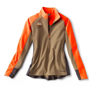 Women's Orvis Quail Forever Pro LT Softshell Hunting 1/2 Zip Pullover Large Tan/Blaze