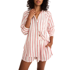 Women's Z Supply Perfect Linen Striped Long Sleeve Button Up Shirt Medium Cabana Red