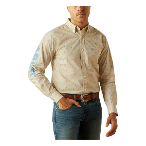 Men's Ariat Team Alder Fitted Long Sleeve Button Up Shirt Large Khaki Blue