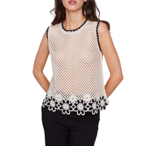 Women's Charlie B Floral Border Crochet Sleeveless Shirt XLarge Natural