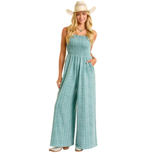 Women's Rock & Roll Denim Smocked Jumpsuit Medium Jade