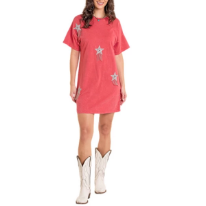 Women's Rock & Roll Denim Rhinestone Star Shirt Dress Small Red