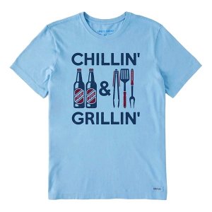 Men's Life is Good Chillin' & Grillin' Beer & BBQ T-Shirt Medium Cool Blue