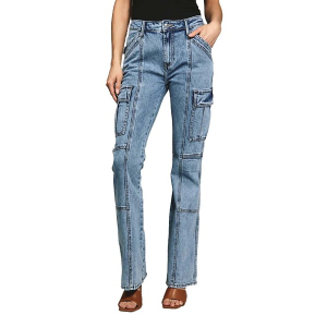 Women's 7 Diamonds Joni Cargo Relaxed Fit Straight Jeans Frost Blue Acid Wash 26 31.5