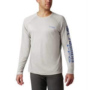 Men's Columbia PFG Terminal Tackle Heather Long Sleeve T-Shirt Medium Cool Grey Heather, Vivid Blue Logo