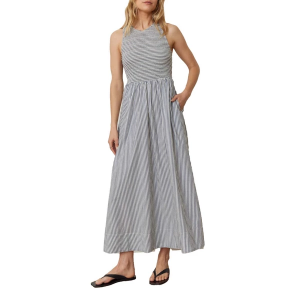 Women's Marine Layer Darcy Poplin Smocked Midi Dress Large Navy Stripe