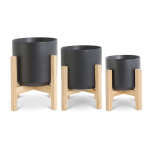 K&K Interiors Modern Black Ceramic Pots on Bamboo Stands