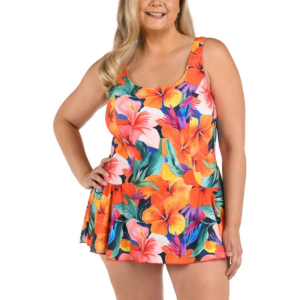 Women's Maxine Princess Seam Swim Dress One Piece Swimsuit Sporty 18W Hibiscus Honey