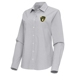 Women's Milwaukee Brewers Woven Porter Long Sleeve Button Up Large Skyscraper/White