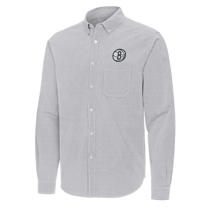 Brooklyn Nets Porter Woven Antigua Long Sleeve Button Up Medium Skyscraper/White