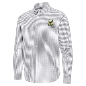 Milwaukee Bucks Ellis Woven Antigua Long Sleeve Button Up 2XLarge Skyscraper/White