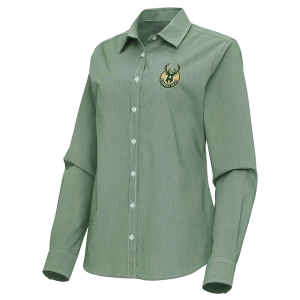 Women's Milwaukee Bucks Porter Woven Antigua Long Sleeve Button Up Small Dark Pine/White