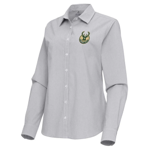 Women's Milwaukee Bucks Porter Woven Antigua Long Sleeve Button Up 2XLarge Skyscraper/White