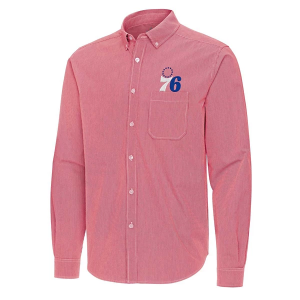 Philadelphia 76ers Porter Woven Antigua Long Sleeve Button Up 2XLarge Dark Red/White