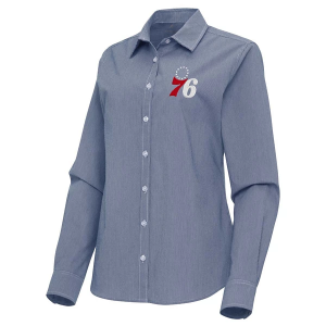 Women's Philadelphia 76ers Porter Woven Antigua Long Sleeve Button Up Medium Navy/White